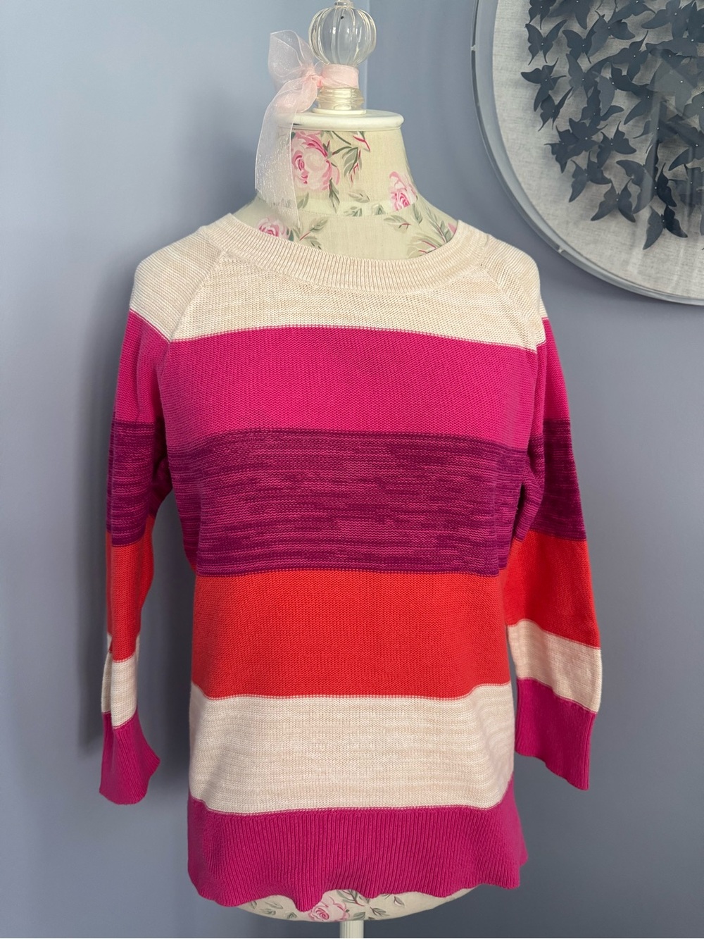 GAP Striped Crewneck Sweater in Pink, Fuchsia and Orange